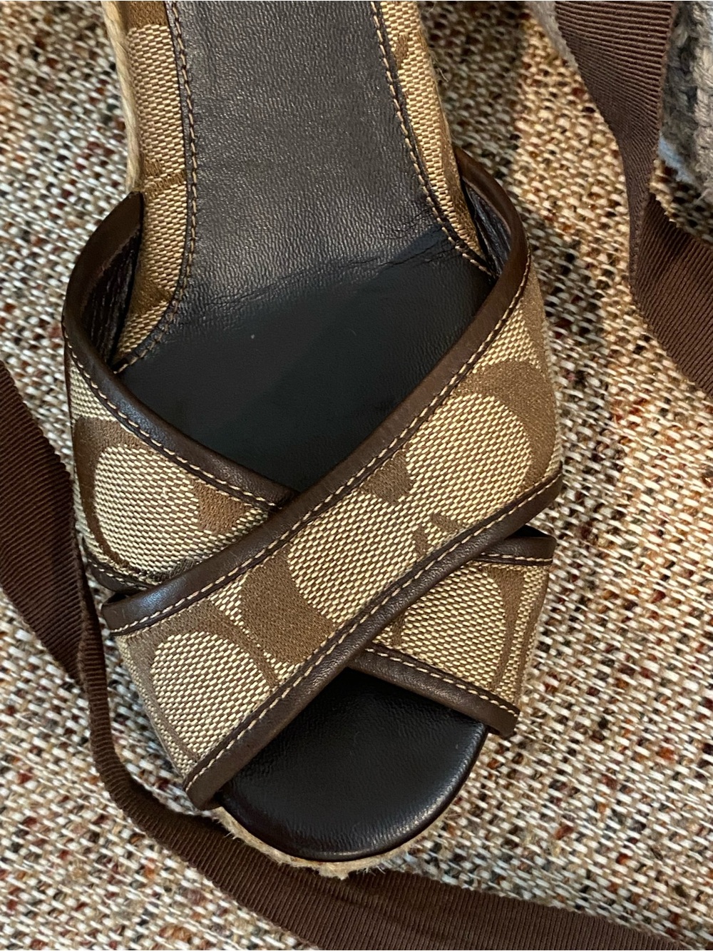 Coach Tan and Brown Signature Canvas Wedge Sandals with Ankle Wrap - Picture 3 of 14